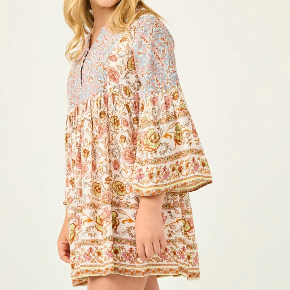 Girls Boho Paisley Floral Summer Bell Sleeve Tunic Mini Dress - FINAL CLEARANCE